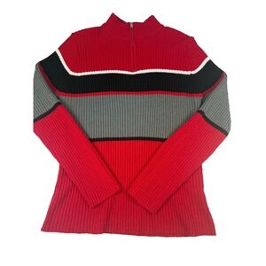 Carolyn Taylor Essentials Womens Half Zip Ribbed Sweater Red Black Gray Striped‎